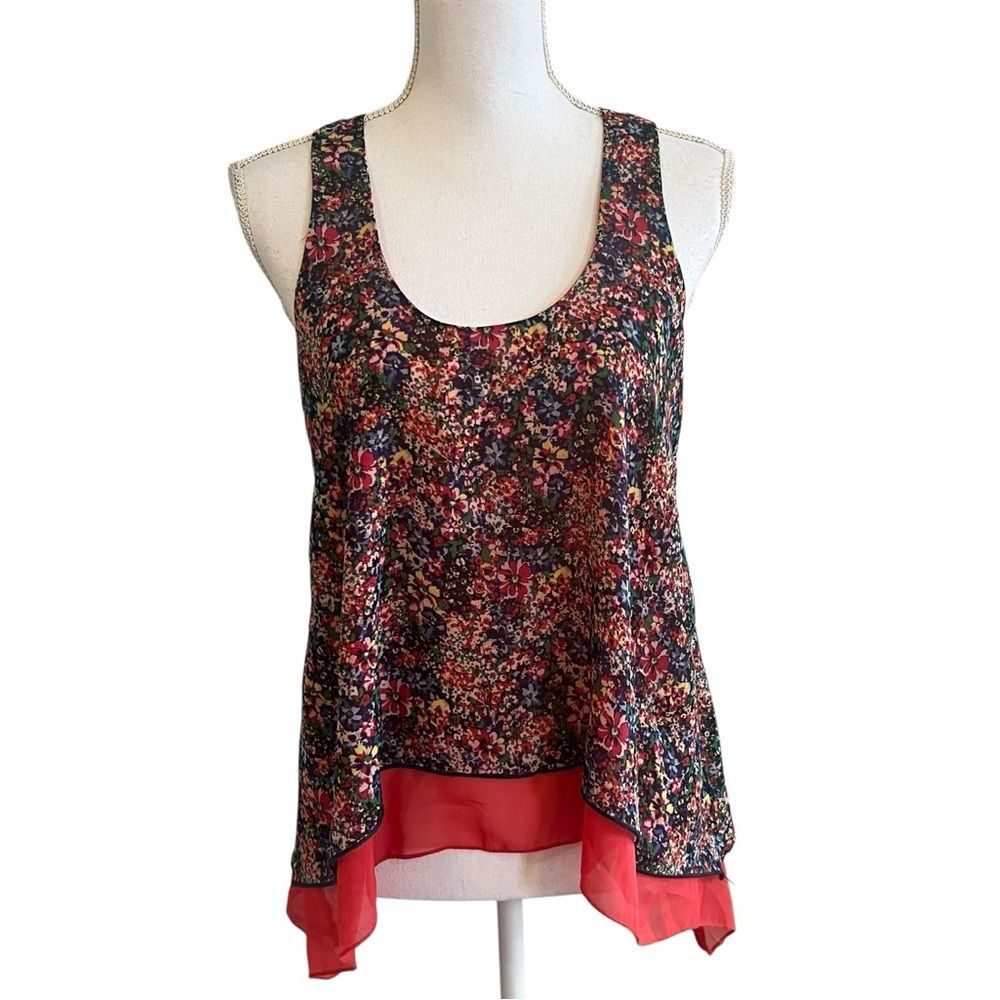 Womens Y2K Fairy Floral Top Sz M Sleeveless Cottage Boho Handkerchief Hem Flowy